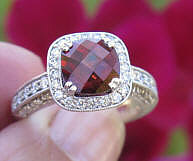 Vintage Styled Cushion Cut Garnet Engagement Ring with Real Diamonds for sale