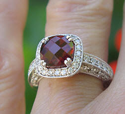 8mm cushion checkerboard garnet ring with real diamond halo in solid 14k white gold