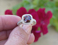 Ornate cushion garnet ring with real diamond halo in 14k white gold