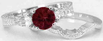 Round Garnet Pear White Sapphire Engagement Ring in 14k with Matching Band