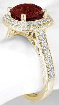 Ornate Garnet Gemstone Diamond Halo Ring in 14k Yellow Gold