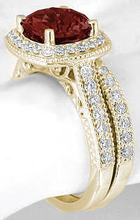 Garnet Diamond Halo Engagement Ring with Matching Band in 14k Yellow Gold