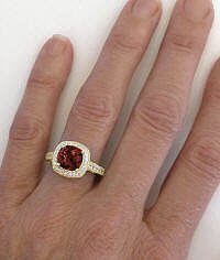 Cushion Garnet Diamond Halo Ring in 14k Yellow Gold