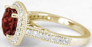Filigree Garnet Diamond Halo Engagement Ring in 14k Yellow Gold