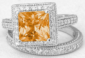 2.80 carat Princess Cut Citrine and Diamond Ring in 14k white gold