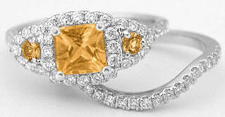 1.66 carat Princess Cut Citrine and Diamond Ring in 14k white gold