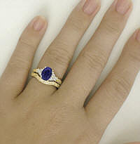 Iolite Engagement Ring and Wedding Band with Antique Engraving