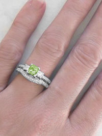 Milgrain Detail on Peridot Engagement Rings in 14k white gold