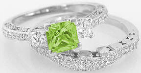 Peridot Engagement Ring and Wedding Band in 14k white gold