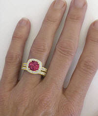 Pink Tourmaline Cushion Cut Wedding Rings in 14k yellow gold