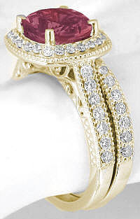 Pink Tourmaline Cushion Engagement Rings in 14k yellow gold