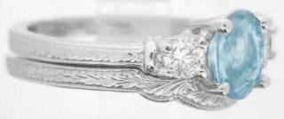 Antique Aquamarine Diamond Engagement Ring and Wedding Band