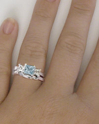 Princess Aquamarine White Sapphire Engagement Ring and Wedding Band