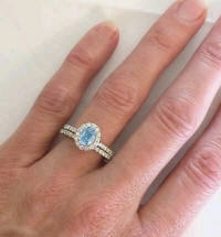 March Birthstone Aquamarine and Diamond Engagement Ring and Wedding Band