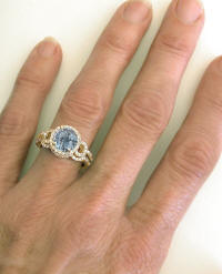 March Birthstone Aquamarine Diamond Halo Engagement Ring and Wedding Band