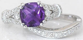 Checkboard Cushion Amethyst & Diamond Engagement Ring in 14k white gold