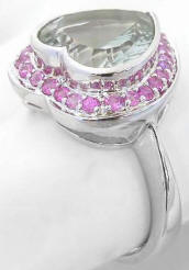 Heart Shape Green Amethyst and Pink Sapphire Rings in 14k