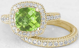 Peridot Diamond Halo Engagement Rings in 14k Yellow Gold