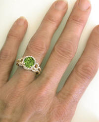 Peridot Diamond Halo Engagement Ring and Wedding Band in 14k Yellow Gold