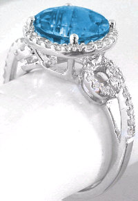 Checkerboard Faceted Blue Topaz Diamond Ring in 14k white gold