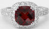 Cushion Cut Garnet Ring with Diamond Halo and Vintage Details