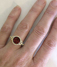 8mm Round Checkerboard Garnet and Diamond Halo Ring in 14k Yellow Gold