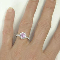 Halo round natural pink sapphire band ring in 14k white gold
