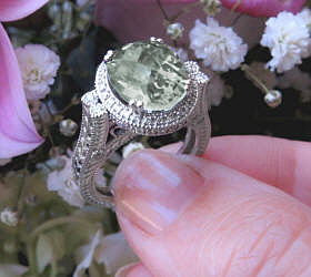 Unique Ornate Large Prasiolite Green Amethyst Ring in 14k white gold for sale