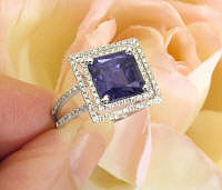 Princess Cut Iolite and Real Diamond Ring in solid 14k white gold for sale