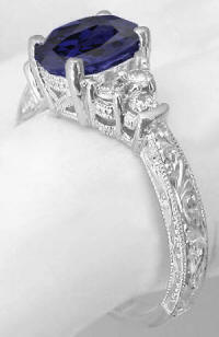 Vintage Style Iolite and Diamond Ring with Engraving