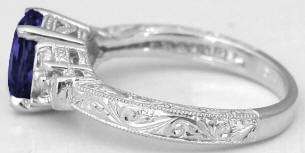 Engraved Band on Iolite and Diamond Ring in 14k white gold