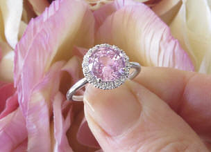 Large Round Natural Light Pink Sapphire and Real Diamond Halo Engagement Ring in 14k whtie gold