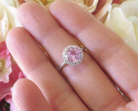 Round Genuine Light Pink Sapphire and Real Diamond Halo Engagement Ring in 14k whtie gold for sale