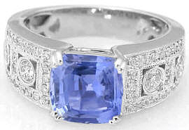 3.63 ctw Cushion Cut Blue Sapphire and Diamond Wide Band Ring
