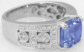 Vintage Inspired Cushion Cut Blue Sapphire and Diamond Wide Band Ring