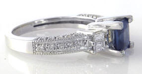 Square Cut Genuine Royal Blue Sapphire Ring with Baguette and Round Diamonds in 14k white gold