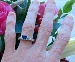 Natural Cornflower Blue Sapphire Ring with Baguette and Round Diamonds in 14k white gold for sale