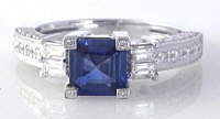 Square Natural Blue Sapphire Engagement Ring with real Baguette and Round Diamonds in 14k white gold