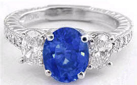 Oval Three Stone Diamond Blue Sapphire Ring in 14k white gold