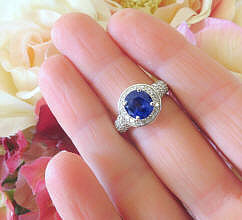 Natural Ceylon Blue Sapphire Ring with Pave Diamonds in 18k white gold