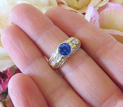 Semi Bezel Genuine Round Blue Sapphire and Real Diamond Ring in 14k yellow gold for sale