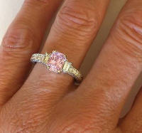 Natural Pink Sapphire and Baguette Diamond Rings in 14k white gold