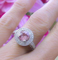 Natural Round Cut Ceylon Pink Sapphire Statement Ring with Double Diamond Halo in sold 14k white gold for sale