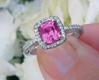 Cushion Cut Bright Pink Natural Sapphire Engagement Ring with Real Diamond Halo in 14k white gold for sale