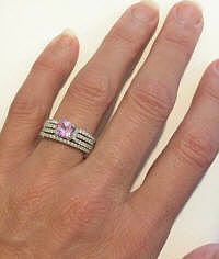 Hand Image of Radiant Cut Pink Sapphire Diamond Engagement Ring and Matching Diamond Wedding Ring