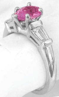 Pear Shape Bright Pink Sapphire Baguette Diamond Ring