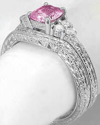 Pink sapphire diamond ring with Engraving in 14k white gold