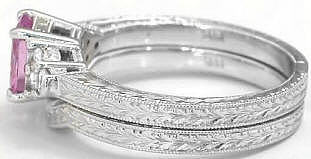 Pink sapphire diamond ring with Engraving in 14k white gold