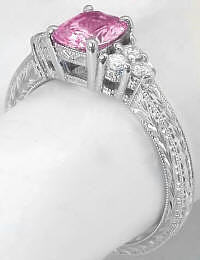 Pink Sapphire Diamond Ring with Engraving in 14k white gold