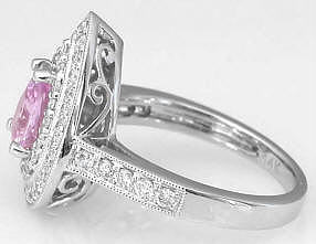 Pear Shape Light Pink Sapphire and Double Diamond Halo Ring in 14k white gold